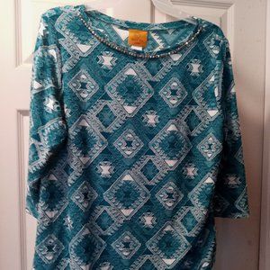 Large woman's blue green Indian print top by Ruby Rd